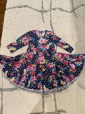 Girls Floral Navy Tiered Long-Sleeve Dress